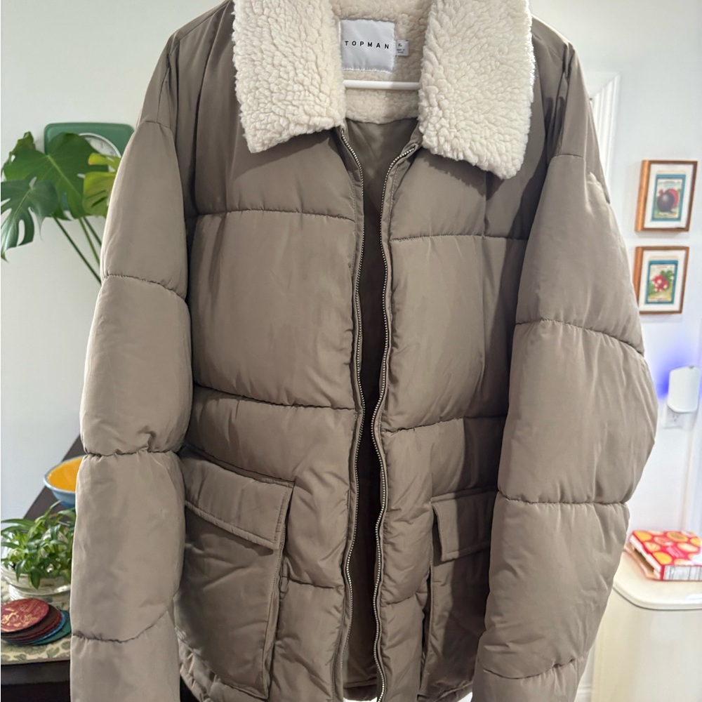 Topman Mens Brown Puffer Jacket with Cream Collar